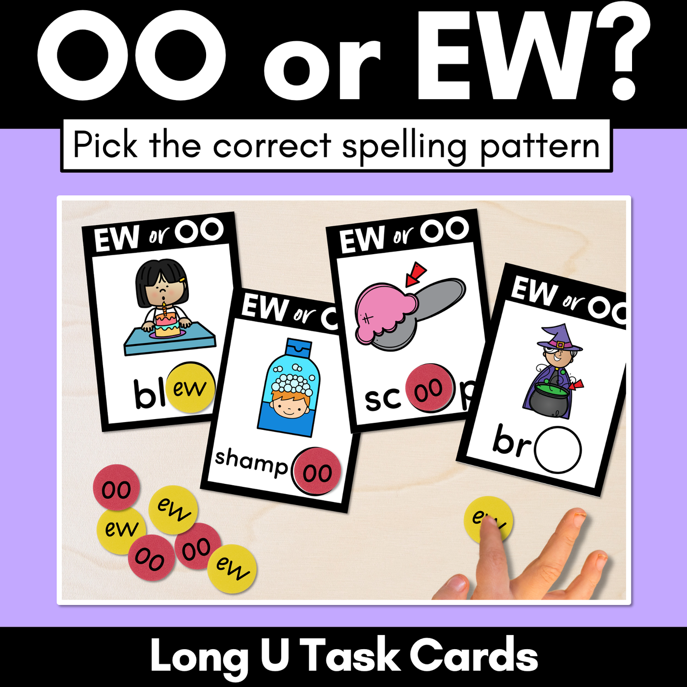 OO or EW - Pick the correct spelling pattern - Long U Task Cards