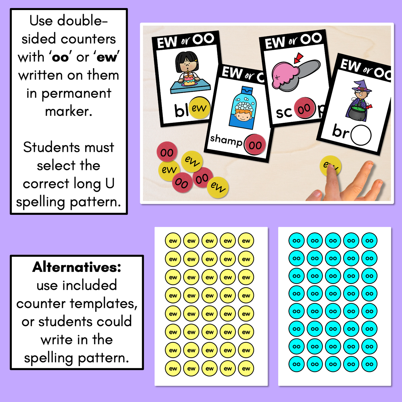 OO or EW - Pick the correct spelling pattern - Long U Task Cards