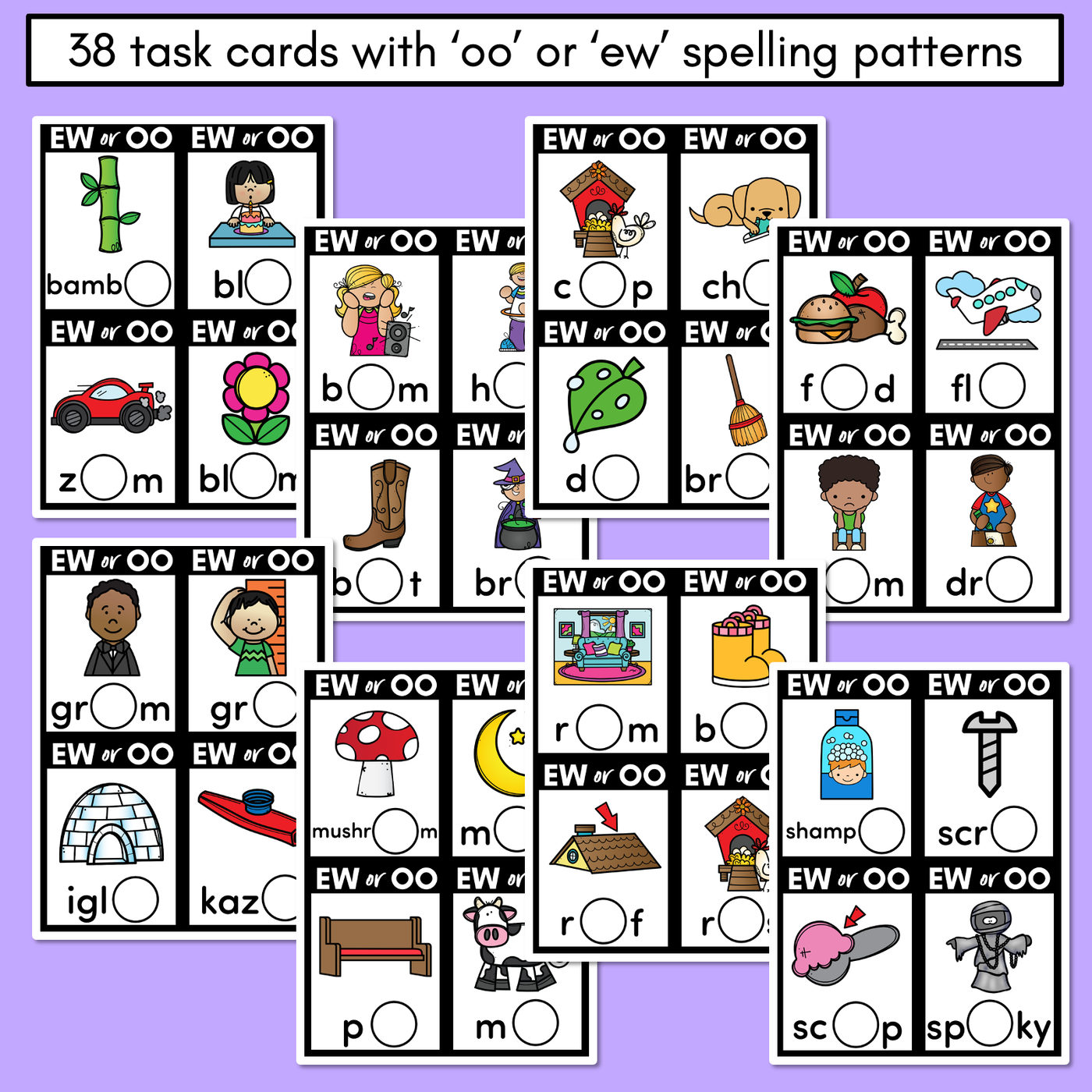 OO or EW - Pick the correct spelling pattern - Long U Task Cards