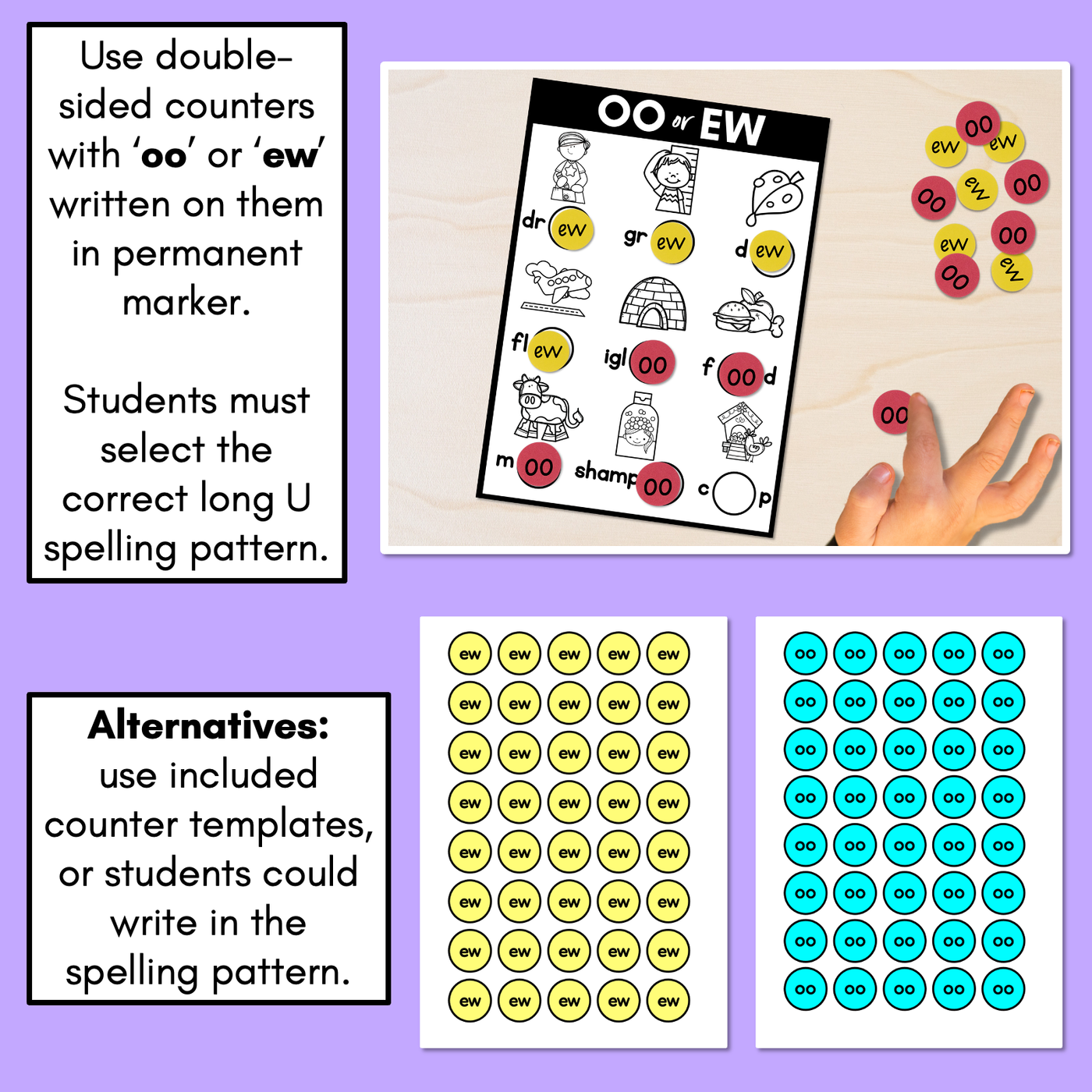 OO or EW - Pick the correct spelling pattern - Long U Printables