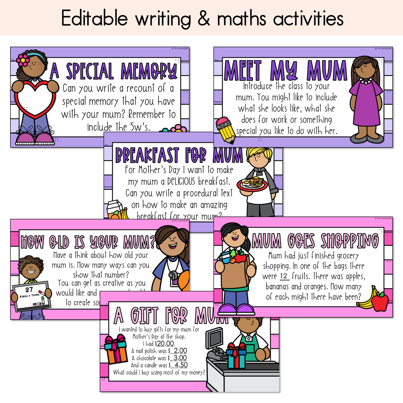 Mother's Day Prompts - Editable Slides - Writing, Maths & Design Activities for Mother's Day