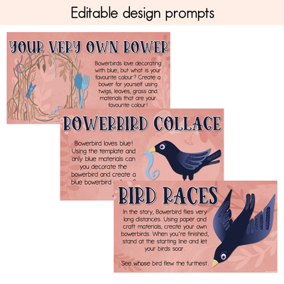 Bowerbird Blues National Simultaneous Storytime - Writing, Maths & Design Prompt EDITABLE SLIDES