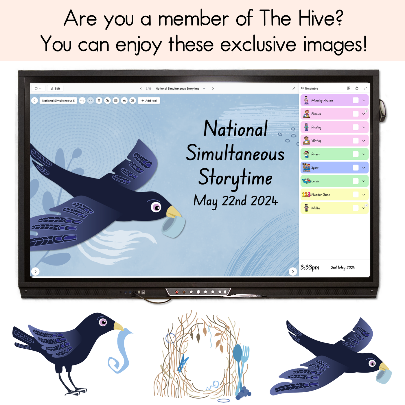 Bowerbird Blues National Simultaneous Storytime - Writing, Maths & Design Prompt EDITABLE SLIDES