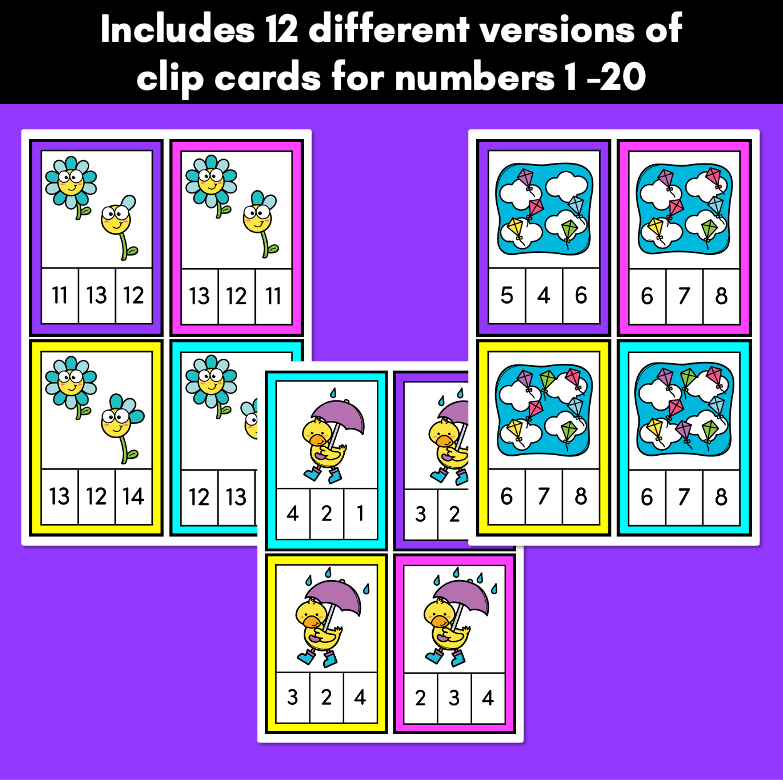 Number Clip Cards for 1-20 - Kindergarten Math Center - Colour Pack