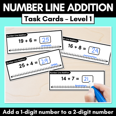 Number Line Addition Task Cards Level 1: 1-Digit & 2-Digit Addition (Jump Strategy)