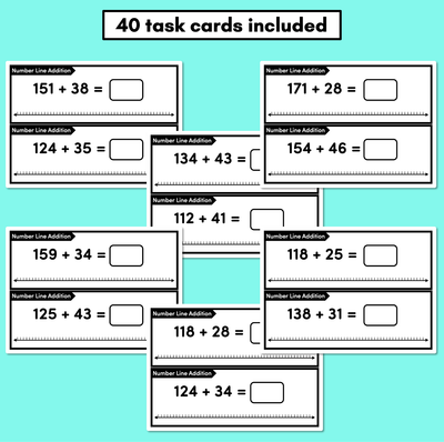 Number Line Addition Task Cards Level 3: Adding 2-digit numbers to 3-digit numbers (Jump Strategy)