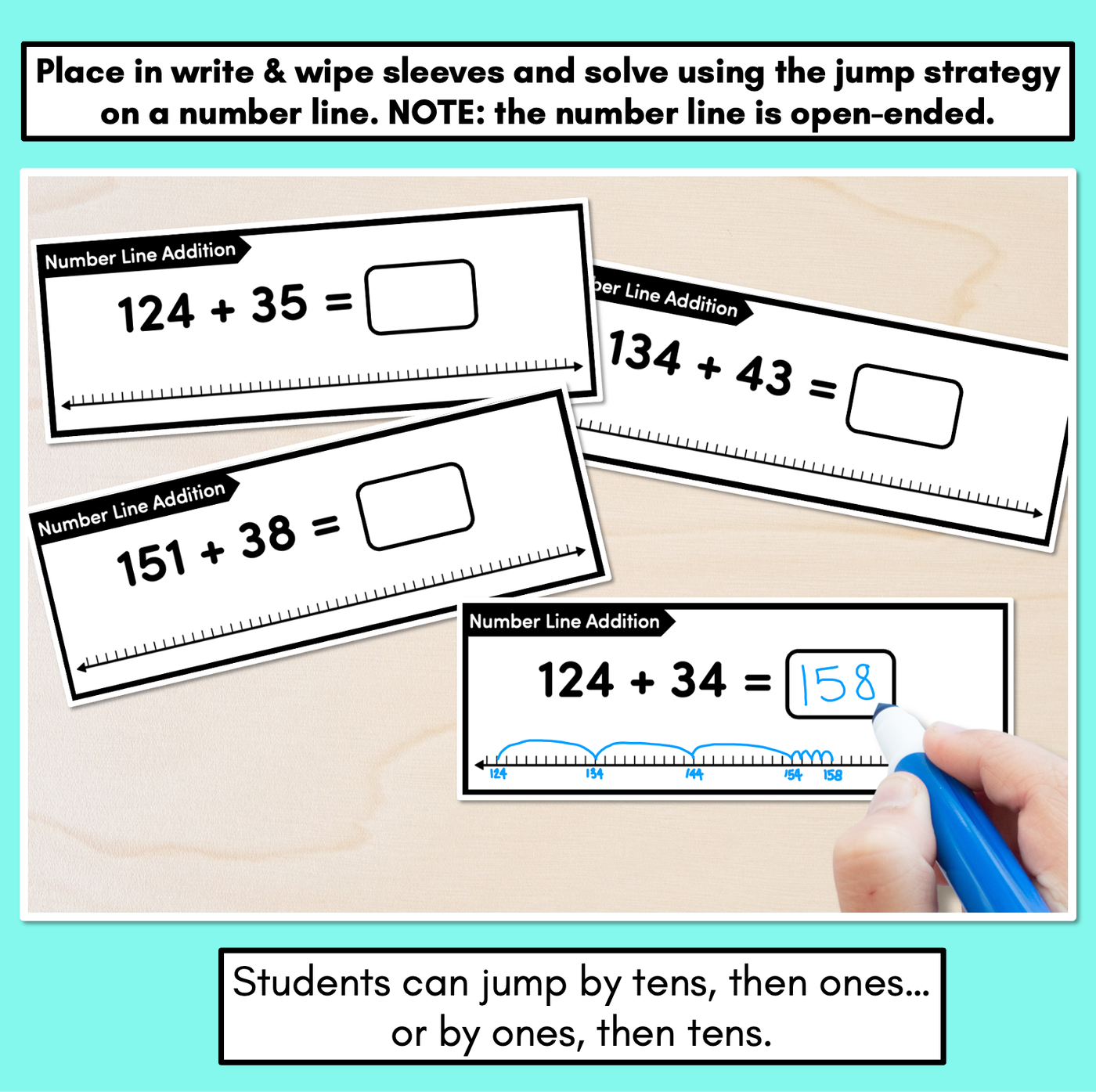 Number Line Addition Task Cards Level 3: Adding 2-digit numbers to 3-digit numbers (Jump Strategy)