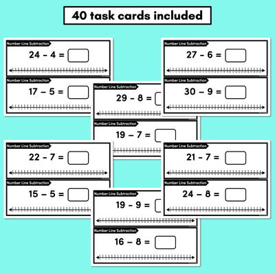 Number Line Subtraction Task Cards Level 1: Subtracting 1-Digit Numbers from 2-Digit Numbers (Jump Strategy)