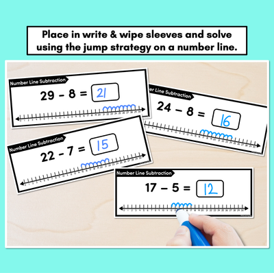 Number Line Subtraction Task Cards Level 1: Subtracting 1-Digit Numbers from 2-Digit Numbers (Jump Strategy)