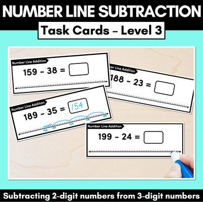 Number Line Subtraction Task Cards Level 3: Subtracting 2-digit numbers from 3-digit numbers (Jump Strategy)