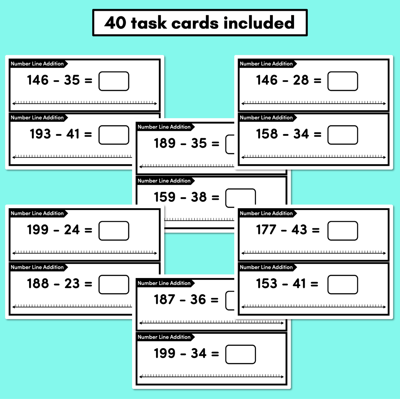 Number Line Subtraction Task Cards Level 3: Subtracting 2-digit numbers from 3-digit numbers (Jump Strategy)