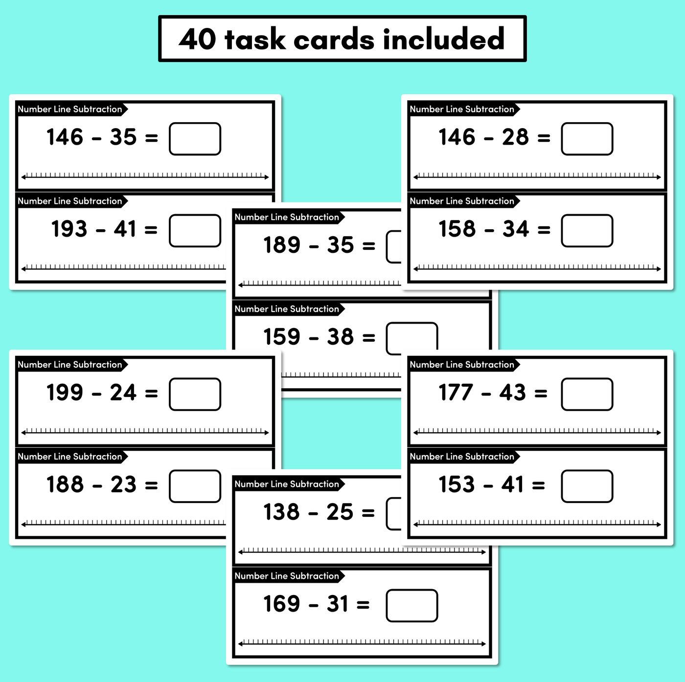 Number Line Subtraction Task Cards Level 3: Subtracting 2-digit numbers from 3-digit numbers (Jump Strategy)