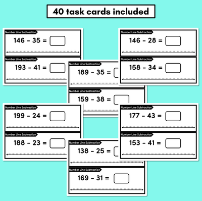 Number Line Subtraction Task Cards Level 3: Subtracting 2-digit numbers from 3-digit numbers (Jump Strategy)