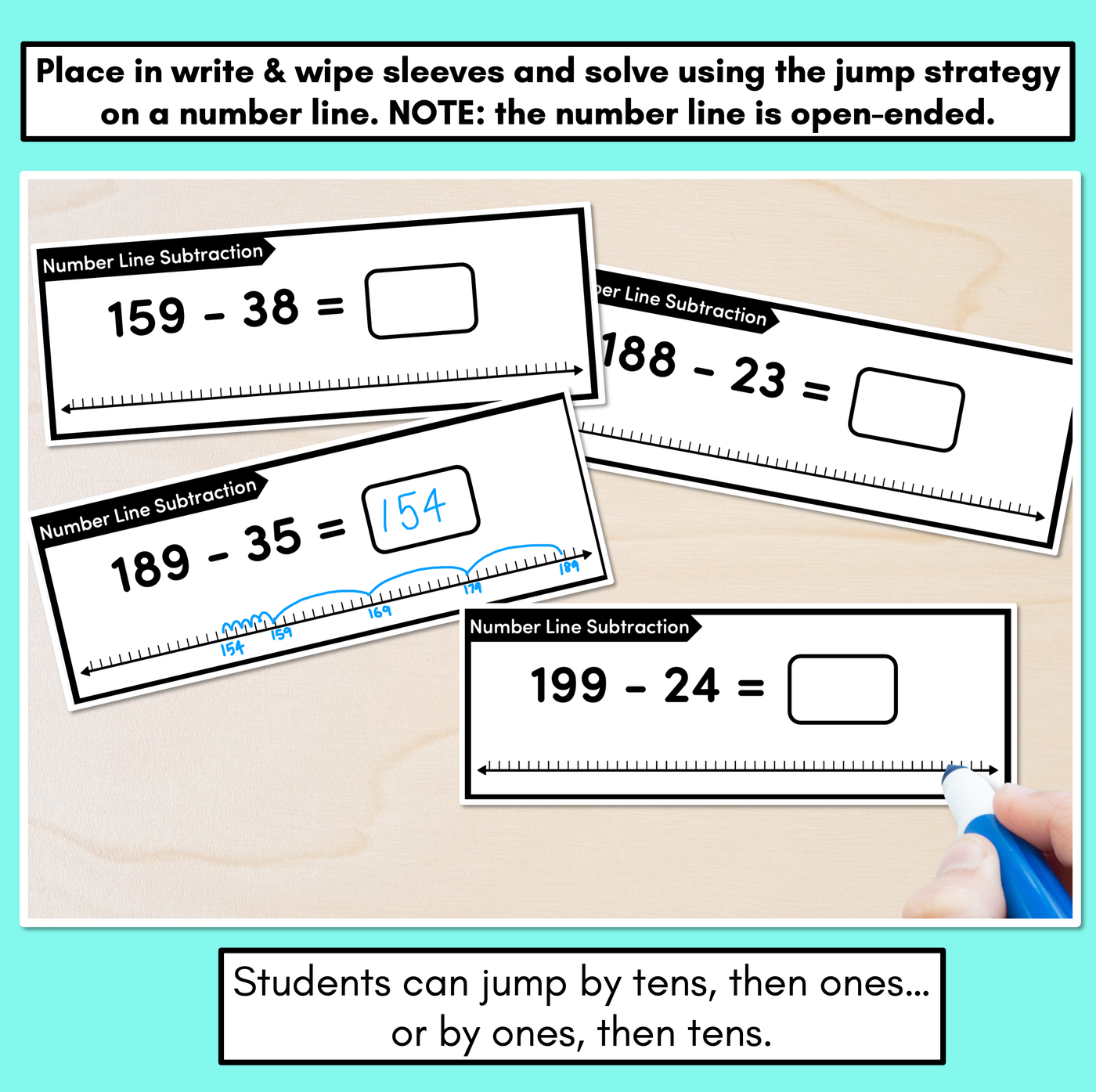 Number Line Subtraction Task Cards Level 3: Subtracting 2-digit numbers from 3-digit numbers (Jump Strategy)