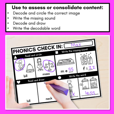 PHONICS CHECK INS - Consonant Digraphs ll ss ff zz ck - No Prep Phonics Assessments