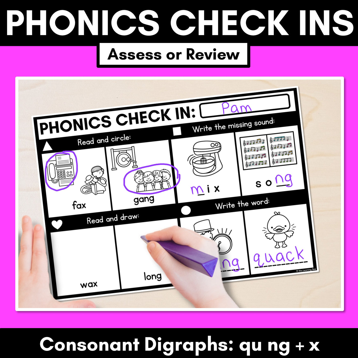 PHONICS CHECK INS - Consonant Digraphs qu ng + x - No Prep Phonics Assessments