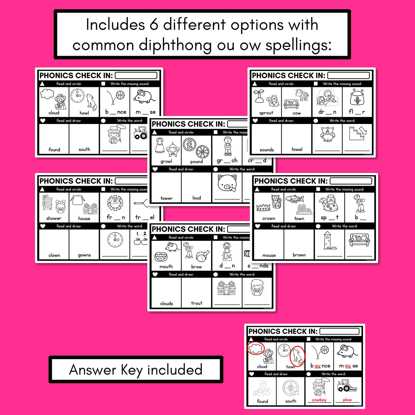 PHONICS CHECK INS - Diphthong OU OW - No Prep Phonics Assessments