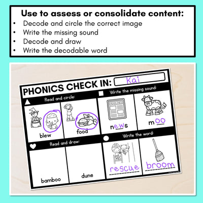 PHONICS CHECK INS - Long Vowel U - No Prep Phonics Assessments