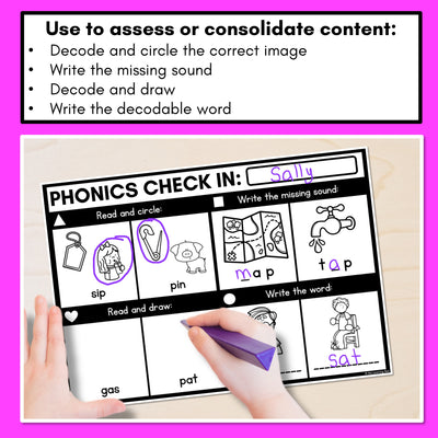 PHONICS CHECK INS - CVC Words & CVCC CCVC Words Set 1 - No Prep Phonics Assessments