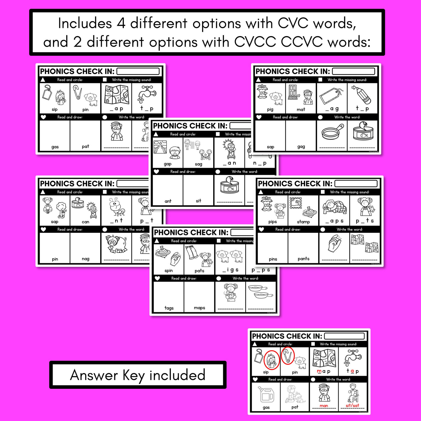 PHONICS CHECK INS - CVC Words & CVCC CCVC Words Set 1 - No Prep Phonics Assessments