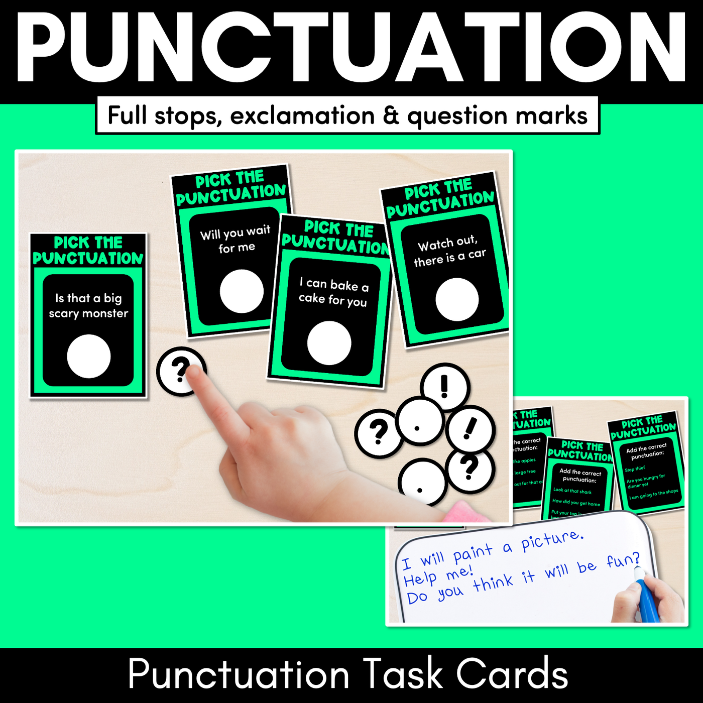 Punctuation Task Cards for Full Stops/Periods, Exclamation and Question Marks - VCOP aligned