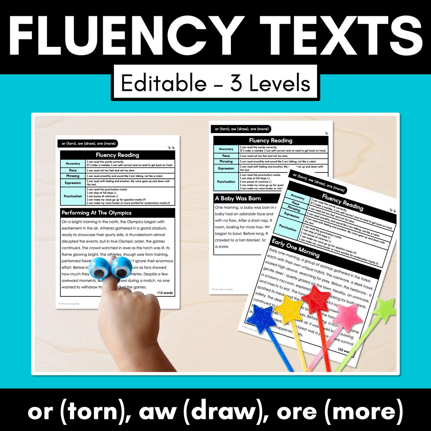 Editable Differentiated Decodable Fluency Texts - or (torn), aw (draw), ore (more)