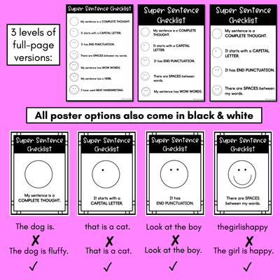 Sentence Writing Editing Checklist Posters - Correcting Sentences for Kids