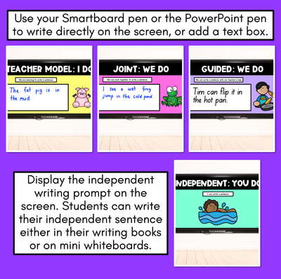 Sentence Stimulus Slides - CVC Words, CVCC/CCVC Words, CCVCC Words - Decodable Word Prompts for Sentence of the Day