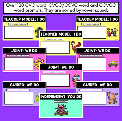 Sentence Stimulus Slides - CVC Words, CVCC/CCVC Words, CCVCC Words - Decodable Word Prompts for Sentence of the Day