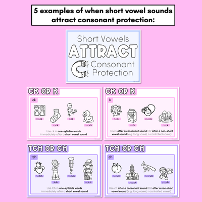 SHORT VOWEL SPELLING POSTERS - Short Vowels Attract Consonant Protection - Spelling Generalisations