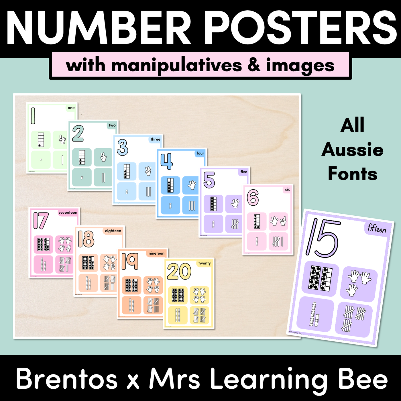 NUMBER POSTERS with ten frames, base ten blocks, tallies & fingers - The Brentos Collection
