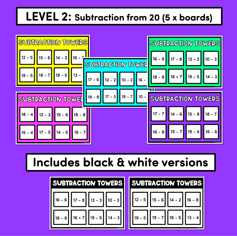 Tower Subtraction - Subtraction from 10 or 20