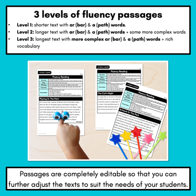 Editable Differentiated Decodable Fluency Texts - ar (bar), a (path)