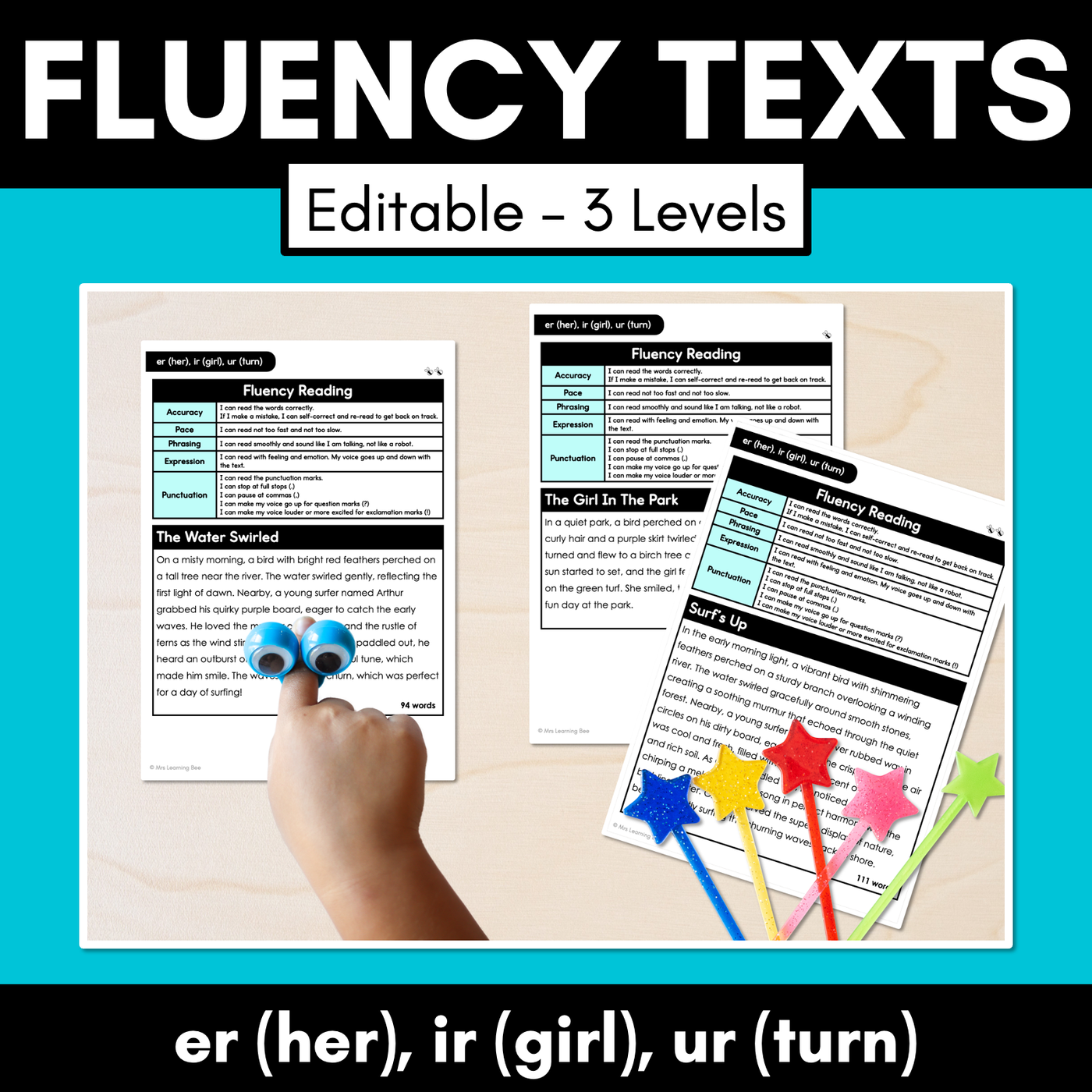 Editable Differentiated Decodable Fluency Texts - er (her), ir (girl), ur (turn)