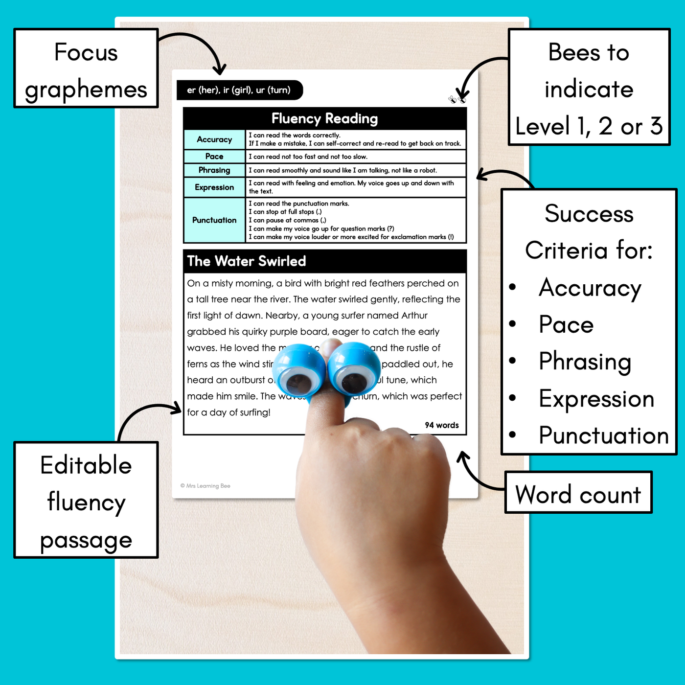 Editable Differentiated Decodable Fluency Texts - er (her), ir (girl), ur (turn)