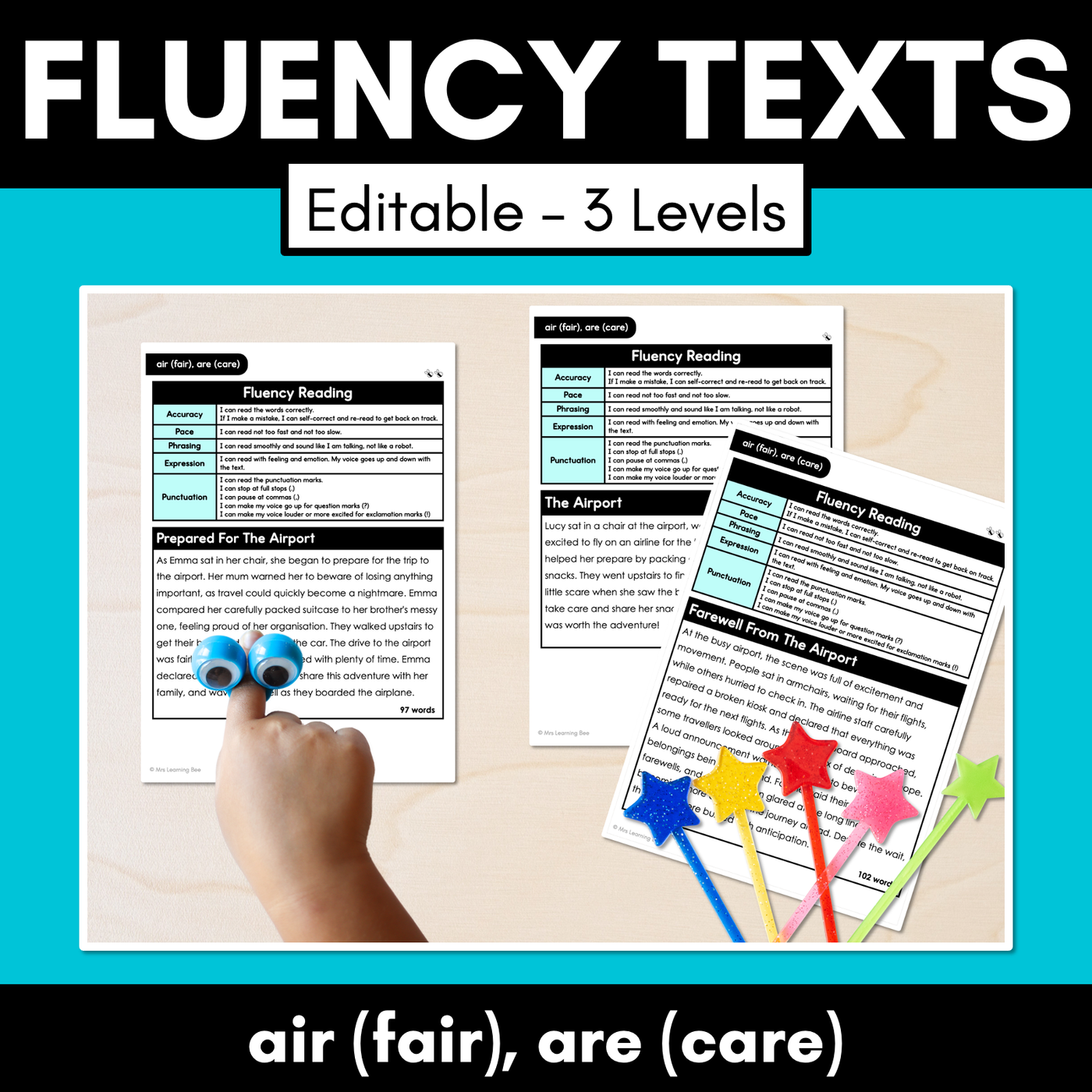 Editable Differentiated Decodable Fluency Texts - air (fair), are (care)