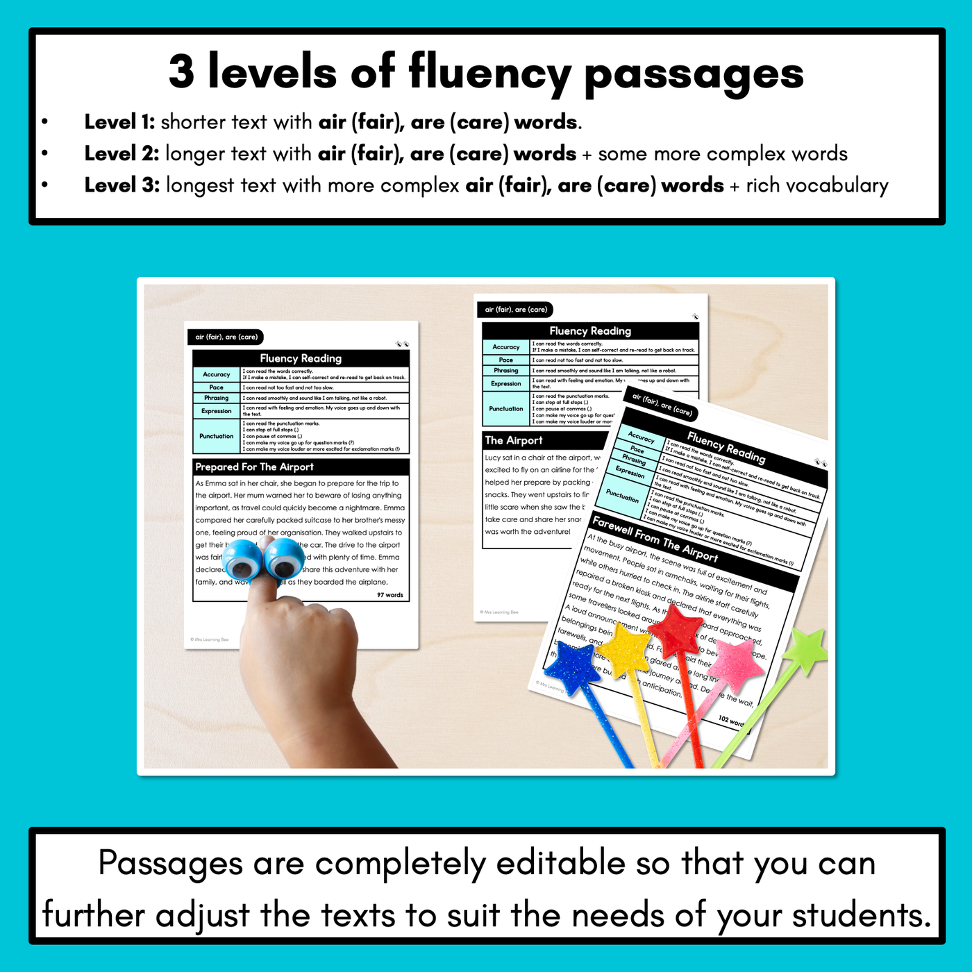 Editable Differentiated Decodable Fluency Texts - air (fair), are (care)