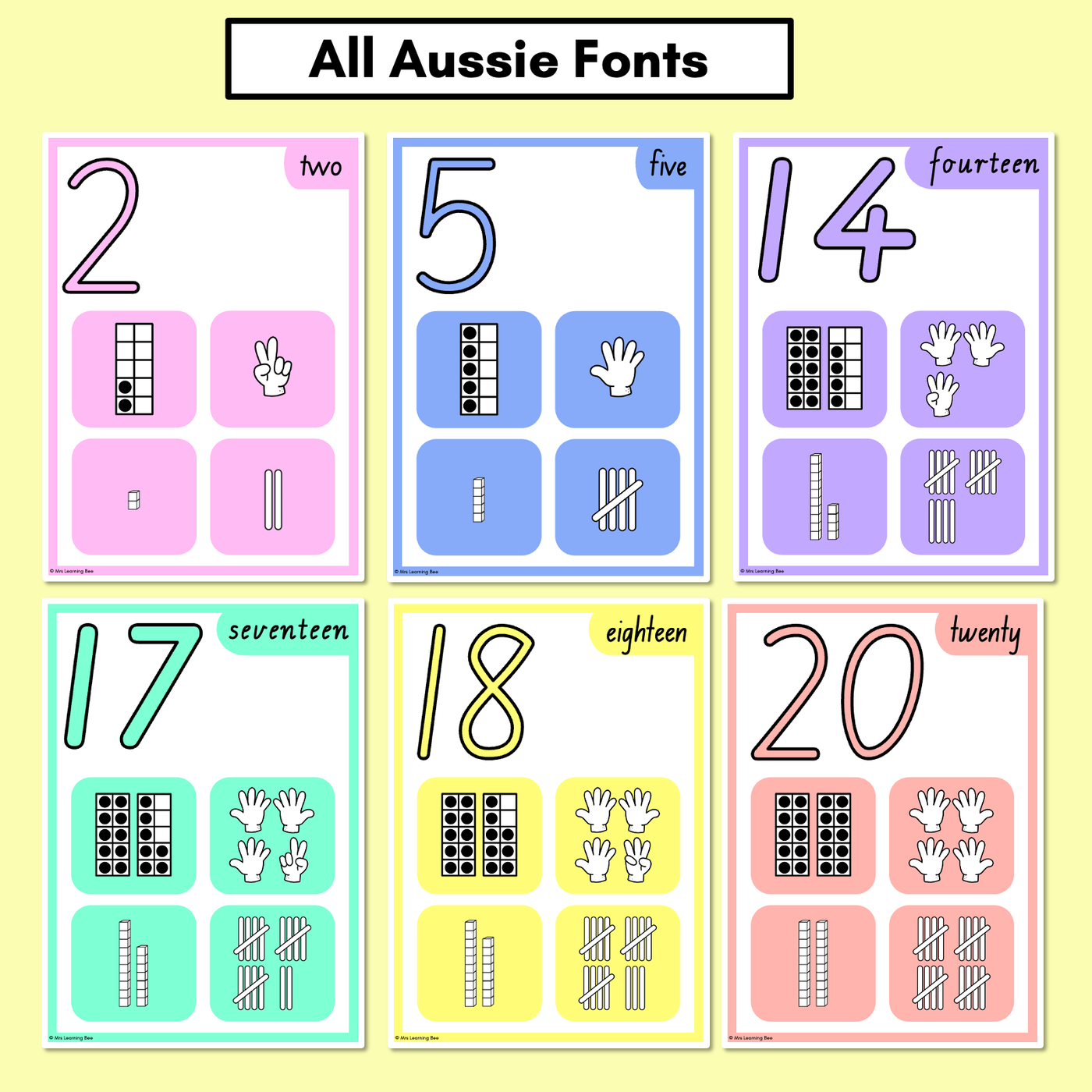 NUMBER POSTERS with ten frames, base ten blocks, tallies & fingers - The Kasey Rainbow Collection