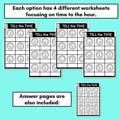 TIME WORKSHEETS - Telling the time to the half hour