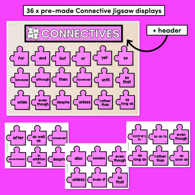 Connectives or Conjunctions Editable Puzzle Display- VCOP aligned Vocabulary Display