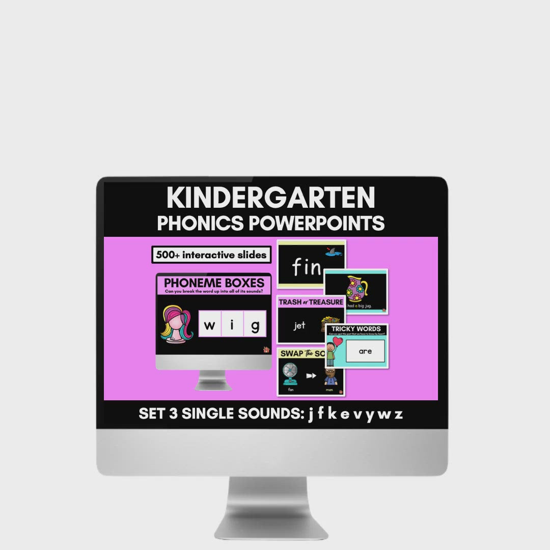 Kindergarten Phonics PowerPoints Set 3- j n f k e v y z