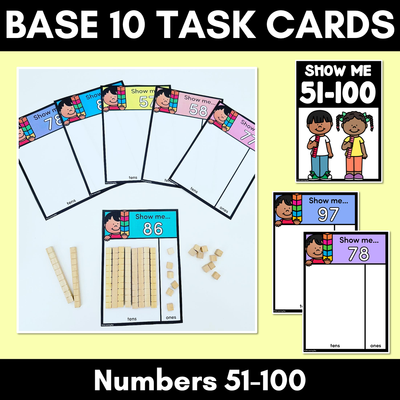 Base Ten Block Task Cards - Show me numbers 51-100 with MAB blocks