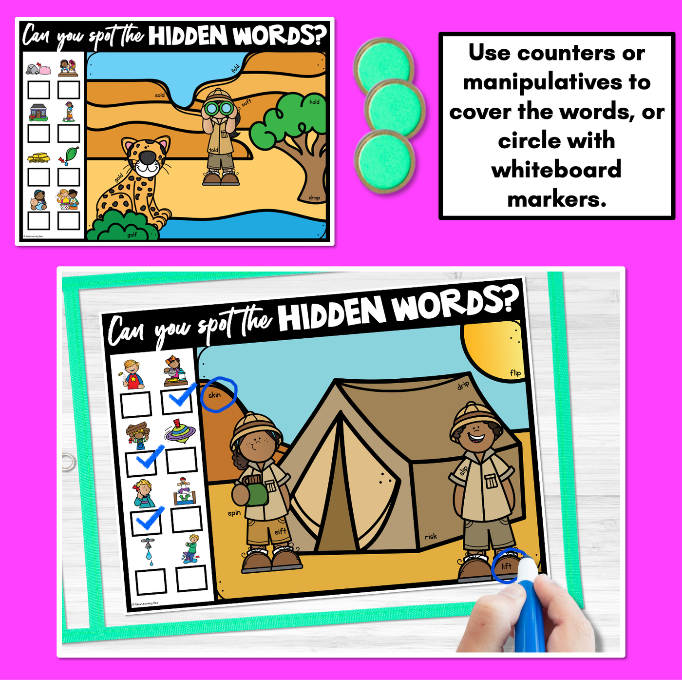 HIDDEN CVCC CCVC CCVCC WORD MATS - No Prep Phonics Game for Kindergarten