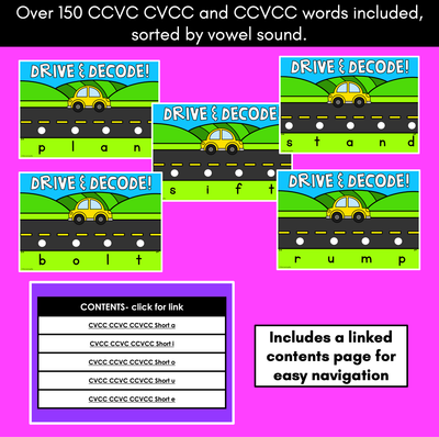 Blending CVCC CCVC CCVCC Words with Cars - Drive & Decode