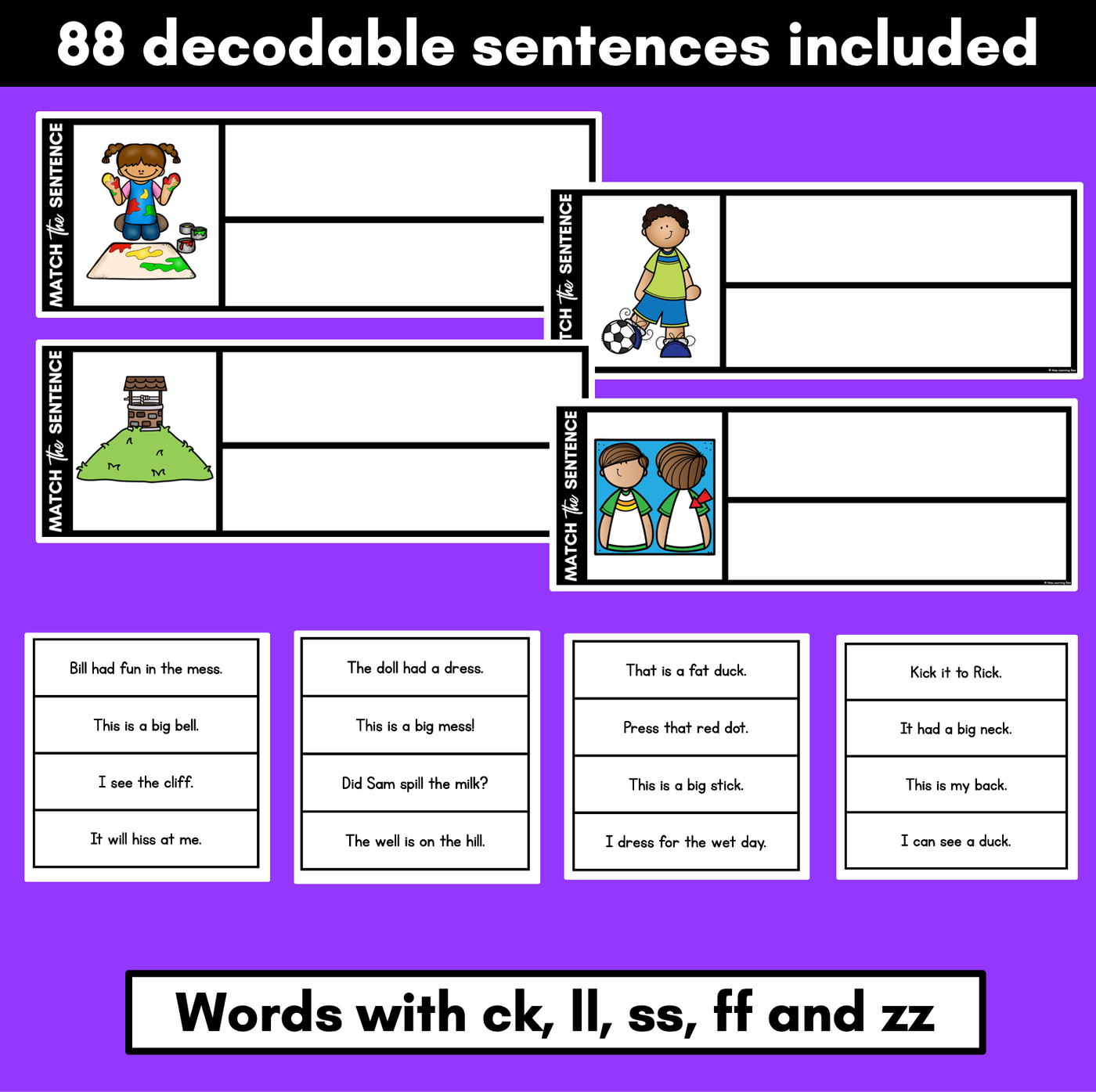 LL SS FF ZZ CK Decodable Sentences - Read, Match & Write