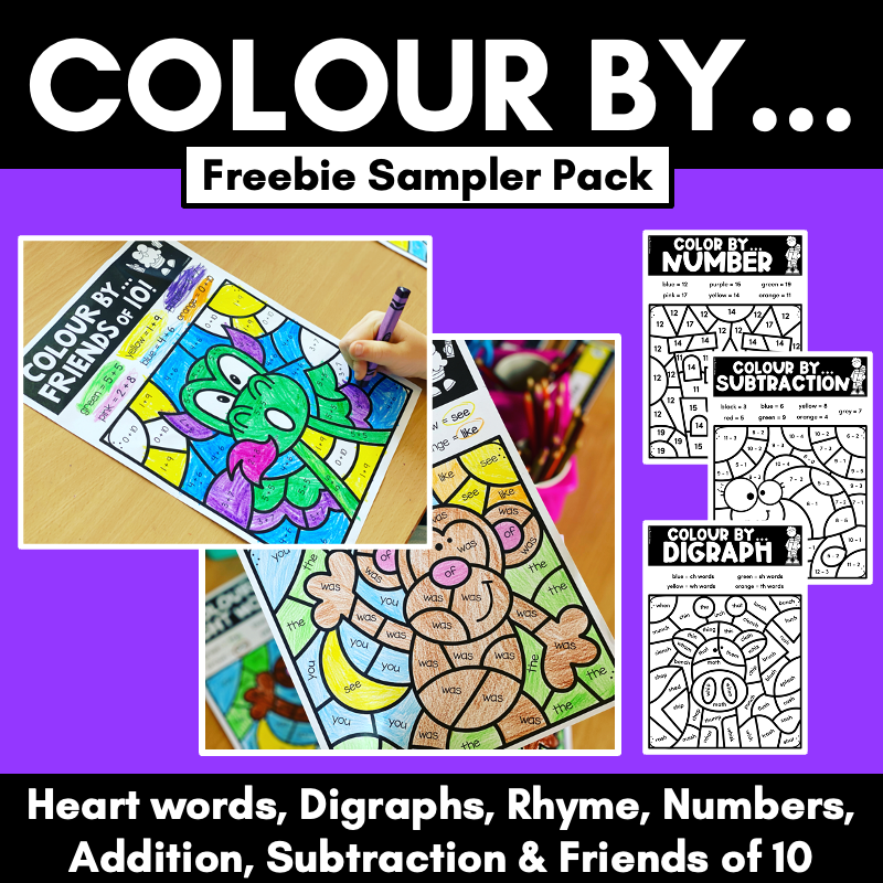 COLOUR BY... Heart Words, Rhyme, Digraphs, Number, Addition, Subtraction & more