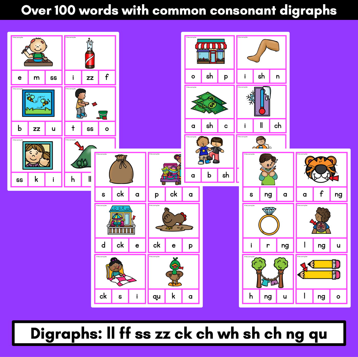 Consonant Digraph Phonics Clip Cards for beginning, middle and end sounds