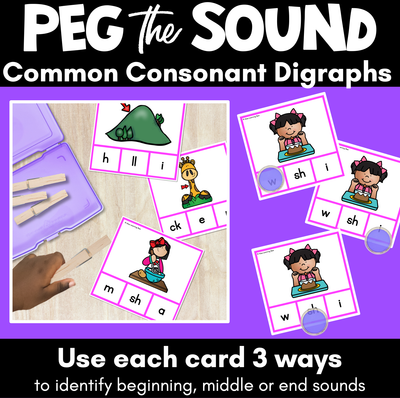 Consonant Digraph Phonics Clip Cards for beginning, middle and end sounds