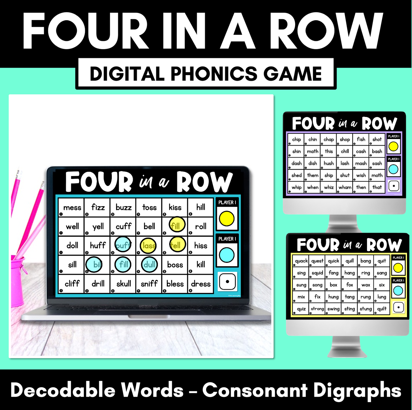 Consonant Digraph Words DIGITAL Phonics Game - Four in A Row Decodable Words