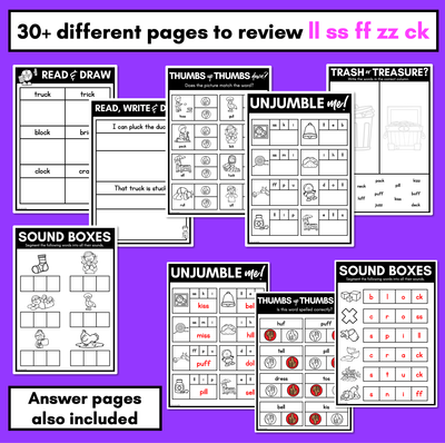 LL SS FF ZZ CK Worksheets - PHONICS REVIEW for Consonant Digraphs